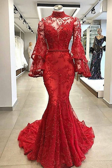 HIGH NECK LONG SLEEVESS MERMAID BEADING APPLIQUE CHAPEL TRAIN PROM DRESS HZ1023